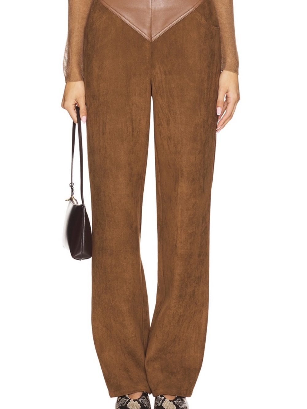Flared Suede-Look Wide Leg Pants in Brown